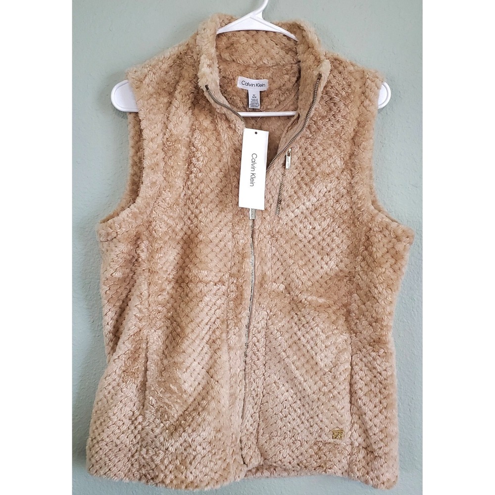 Calvin Klein Vest Women's‎ M Soft Fur Full Zip Tan Latte Office Career NWT